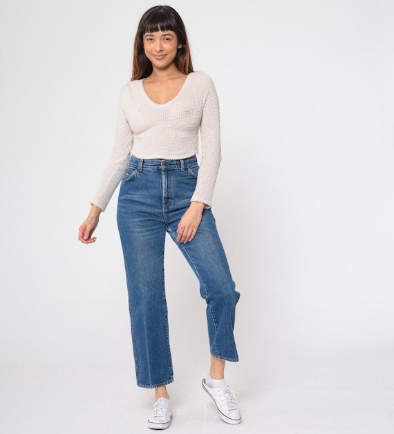 80s Faded Blue Jeans Unicorn Emblem Straight Leg High Waisted Jeans Retro Ankle Denim Pants Streetwear Vintage 1980s Sears Small S
