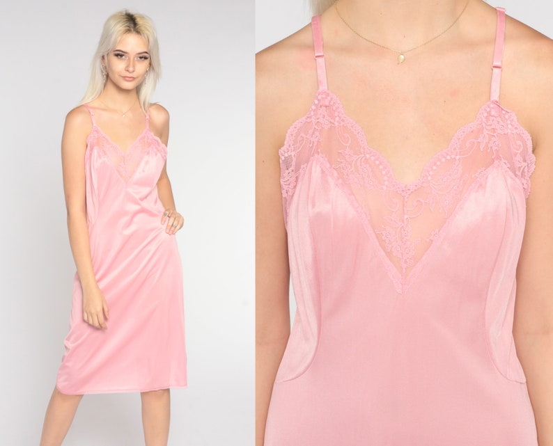 Pink Slip Dress 70s Midi Lingerie Nightgown Dress Nylon - Etsy