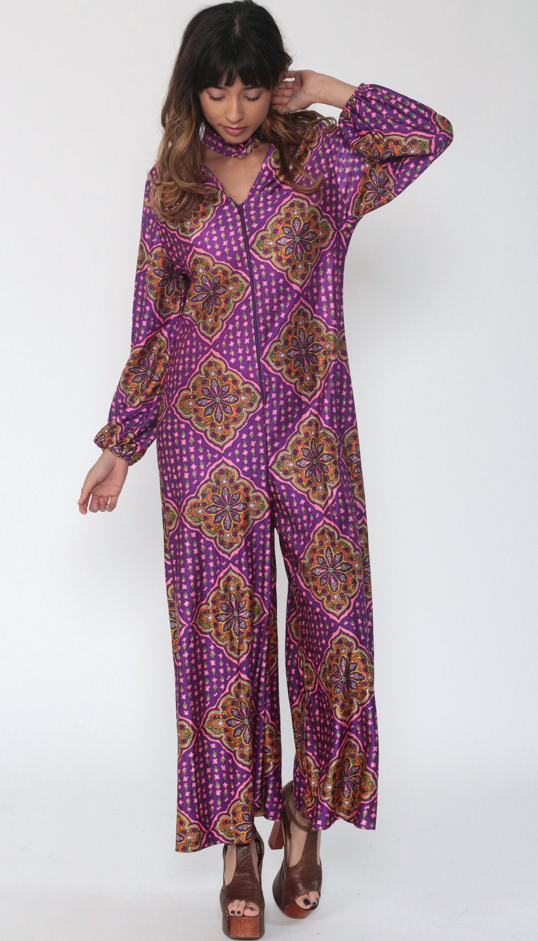 Psychedelic Jumpsuit 70s Boho Wide Leg Palazzo Jumpsuit Purple Hippie ...