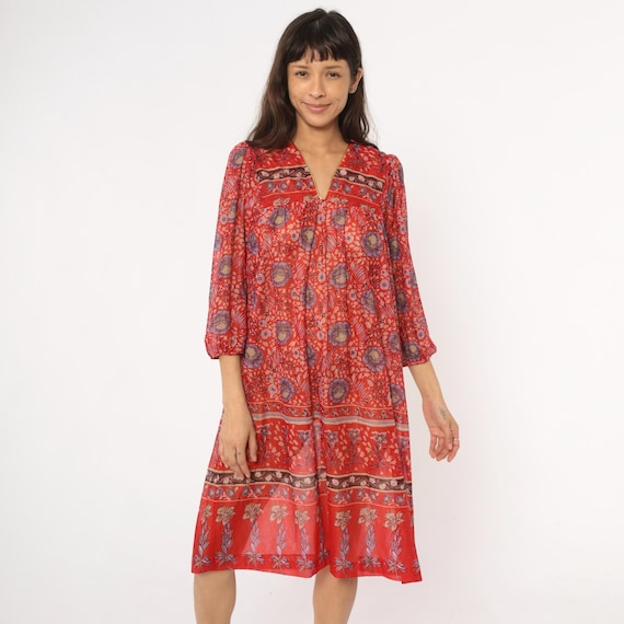 70s Floral Dress Red Coral Border V Neck Knee Length Sheer Bohemian Vintage Cottagecore Prairie Hippie Flower Power Sundress Medium Large M