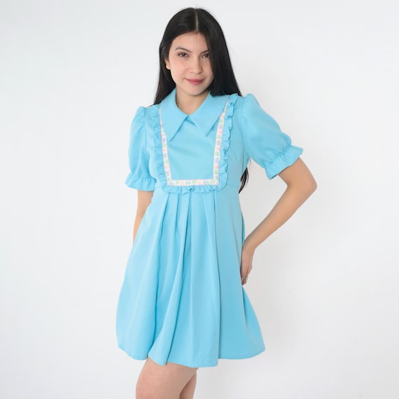 Vintage Babydoll Mini Dress Mod Ruffle Bib Dress 60s 70s Blue Empire Waist Train Print Dolly Puff Sleeve 1970s Victorian Small S