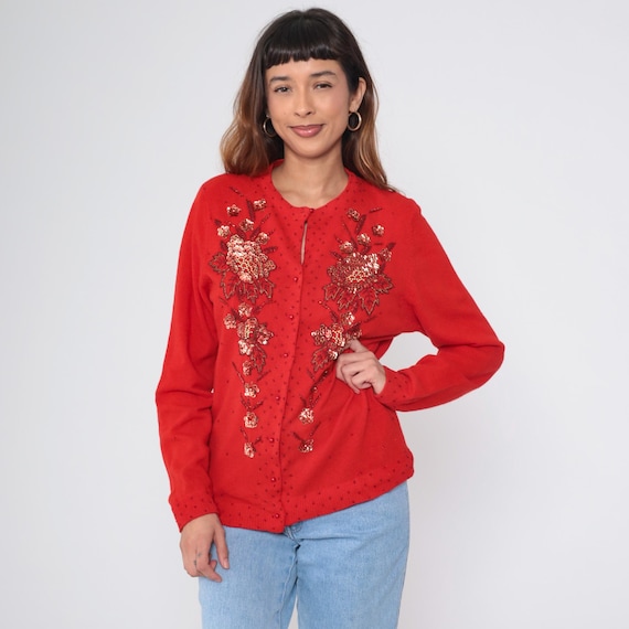 Beaded Floral Cardigan 90s Red Sequin Sweater Angora Wool Blend Button Up Flower Formal Glam Knitwear Vintage 1990s Medium Large M L