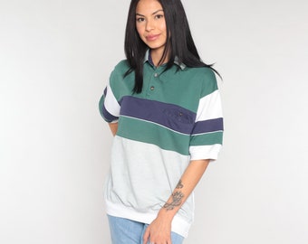Striped Polo Shirt 90s Collared Tshirt Retro Short Sleeve Top Banded Hem Preppy Streetwear White Blue Green Vintage 1990s Men's Medium M
