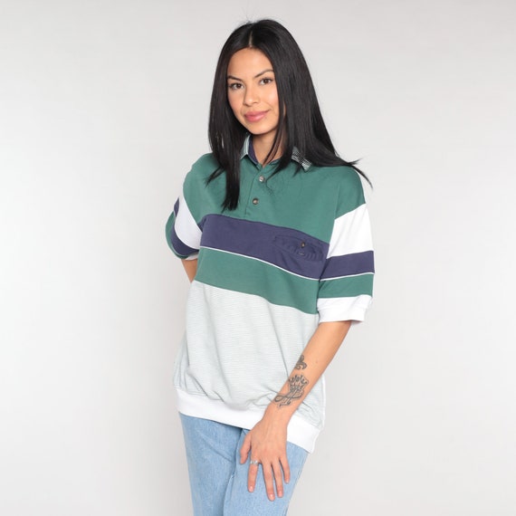Striped Polo Shirt 90s Collared Tshirt Retro Short Sleeve Top Banded Hem Preppy Streetwear White Blue Green Vintage 1990s Men's Medium M