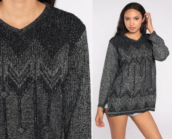 Sparkly Blouse 90s Metallic Knit Shirt  Black Long Sleeve Top 1990s V Neck T Shirt Disco Festival Hipster Glam Bohemian Retro Vintage Large