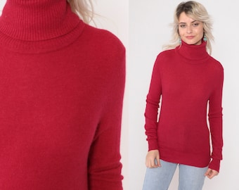 Angora Wool Turtleneck Sweater 90s Cherry Red Knit Sweater Pullover Plain Vintage 1990s Extra Small xs