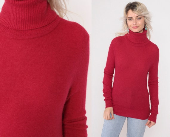 Angora Wool Turtleneck Sweater 90s Cherry Red Knit Sweater Pullover Plain Vintage 1990s Extra Small xs