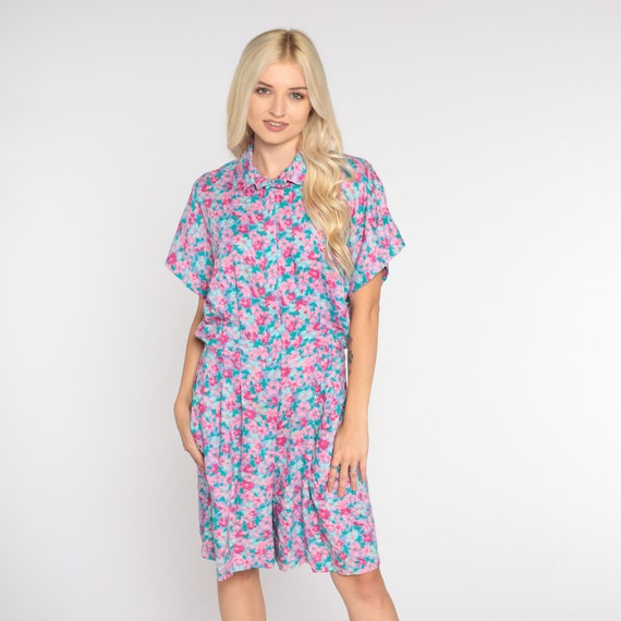 Floral Romper 90s Mini Playsuit Pink Green One Piece High Waisted Wide Leg Shorts Short Sleeve Zip Up Flower Print Vintage 80s Medium