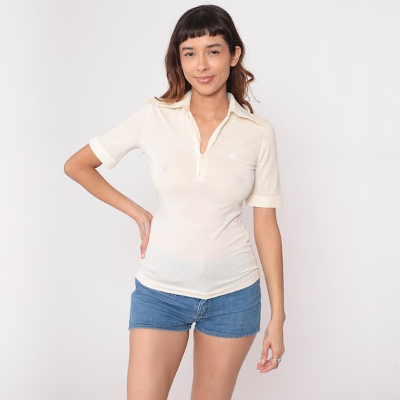 70s Cream Polo Shirt Short Sleeve Collar Zip Front Ivory Off White Top Vintage Preppy Tennis Golf Neutral Collared Basic Blouse Small S