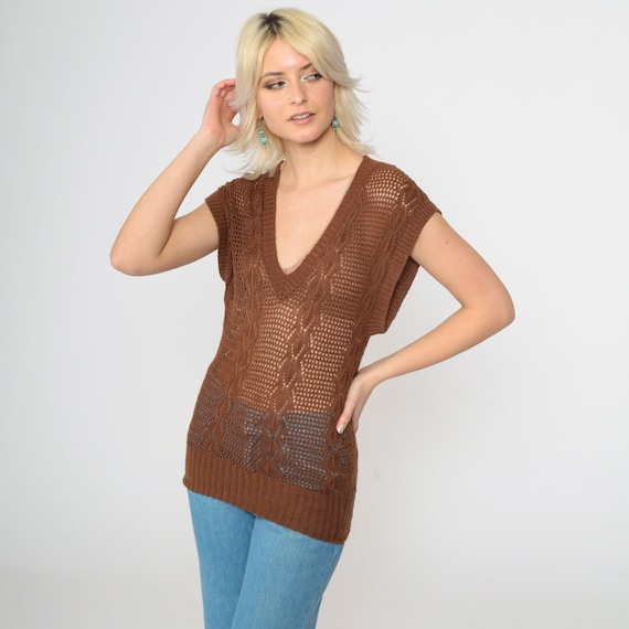 Vintage Sheer Sweater Vest Top Brown Sweater Top 80s Boho Knit Boho Hippie V Neck Cap Sleeve Vest 1980s Extra Small xs