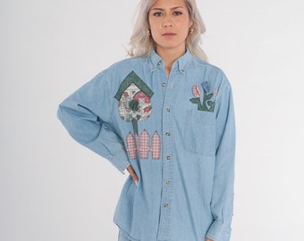 Vintage Floral Jean Shirt 90s Farm Gardening Shirt Button up Denim Shirt Collared Blouse Blue Top Long Sleeve Flower 1990s Oversized Medium