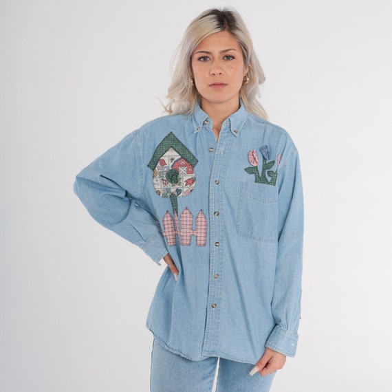 Vintage Floral Jean Shirt 90s Farm Gardening Shirt Button up Denim Shirt Collared Blouse Blue Top Long Sleeve Flower 1990s Oversized Medium