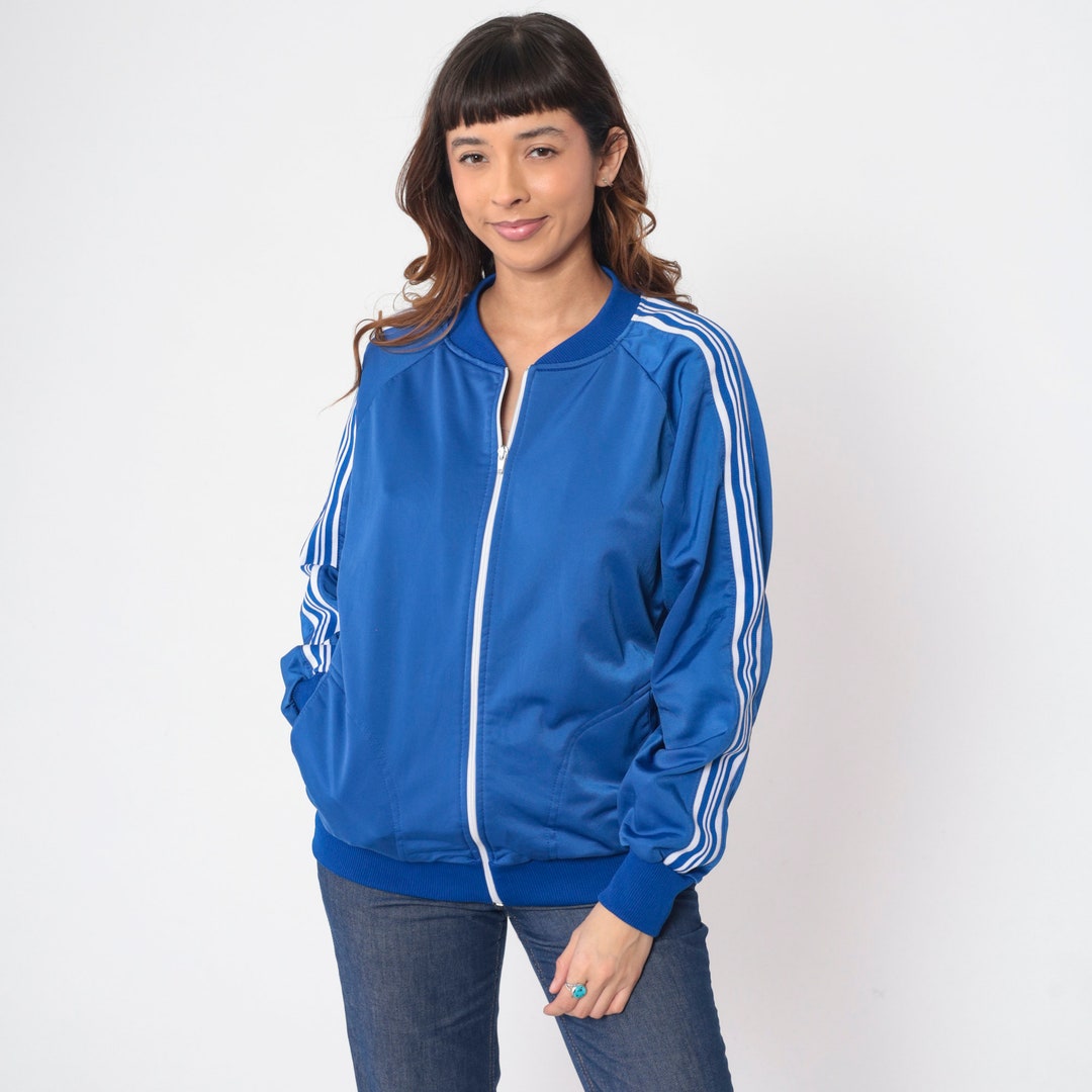 Blue Track Jacket 80s Striped RAGLAN Sleeve Zip up Jacket Warmup