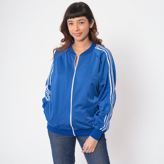 Blue Track Jacket 80s Striped RAGLAN Sleeve Zip Up Jacket Warmup 1980s Warm Up Athletic Sports Vintage Sportswear Medium