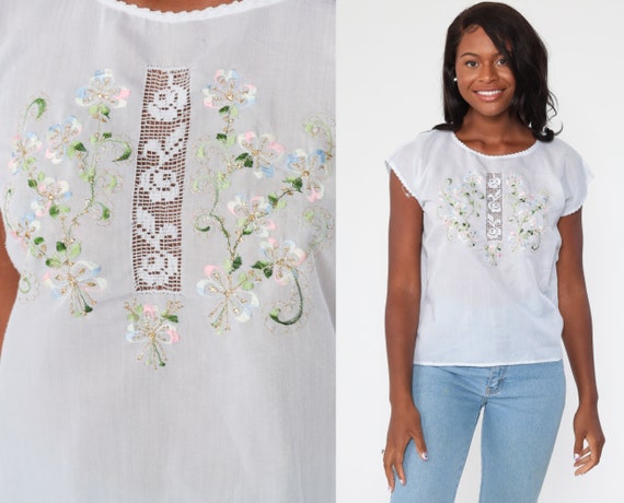 Boho Top Festival Blouse 70s Hippie Shirt Boho Cotton Gauze Bohemian 1970s Long Sleeve Medium Sheer White Tunic Top