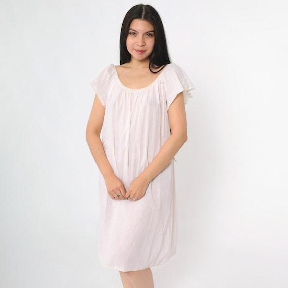 Vintage Pink Striped Nightgown 80s Sleep Dress Midi Nightie Long Pastel Lace Trim Scoop Neck Girly 1980s Miss Elaine Medium M