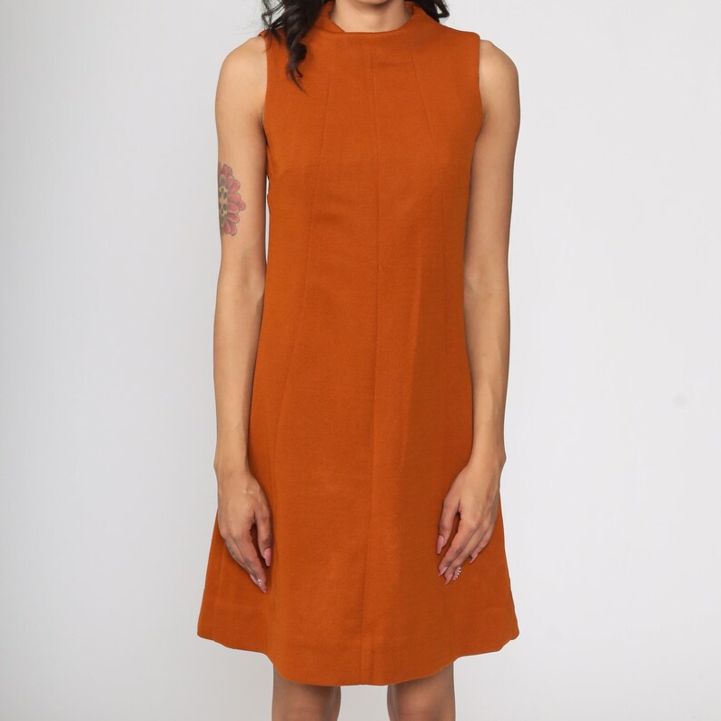 Mod Mini Dress Brown Dress 60s Shift Sleeveless Dress Funnel Neck Poly 1960s Gogo Vintage Sixties Twiggy Plain 70s Minidress Extra Small xs