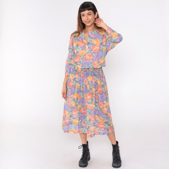 Vintage Blouson Floral Dress 80s Midi Smocked Drop Waist Henley Neckline Boho Slouchy Dress Secretary 3/4 Sleeve 1980s Bohemian Medium 8
