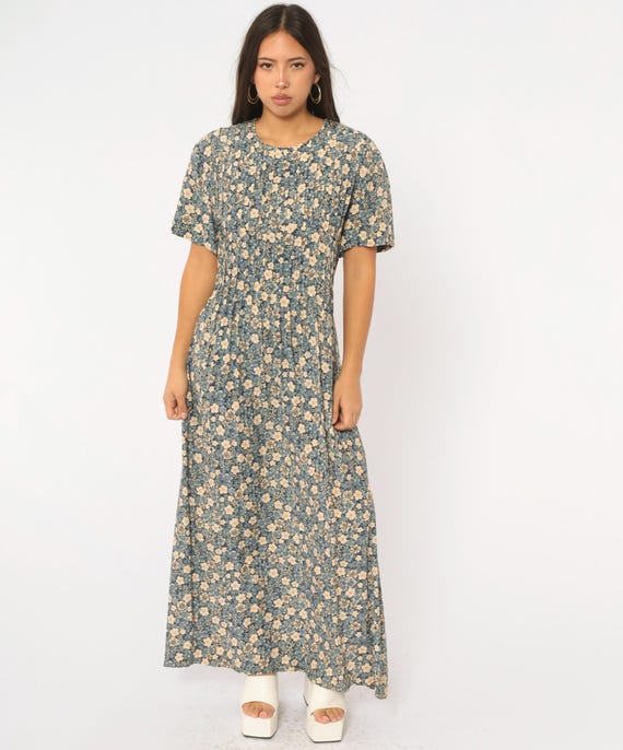 90s Floral Maxi Dress Teal Blue Beige Ditsy Flower Short Sleeve Prairie Cottagecore Grunge Summer Sundress Soft Grunge Vintage Extra Large