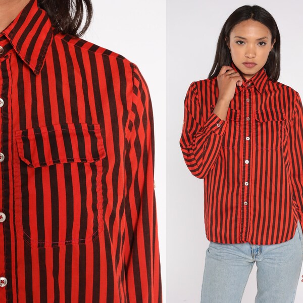 Striped Button Up Shirt 80s Red Black Long Roll Tab Cuff Sleeve Shirt Retro Preppy Collared Top Plain Vintage Cotton Medium