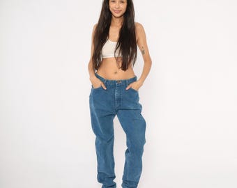 Wrangler Mom Jeans 90er Jahre High Waisted Denim Hose Blau Straight Leg Cotton Cowboy Western Relaxed Fit Boyfriend Style Hose 35 x 36