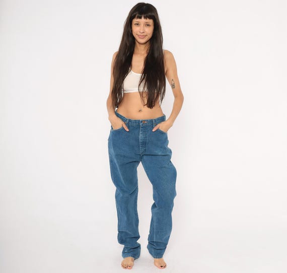 Wrangler Mom Jeans 90s High Waisted Denim Pants Blue Straight Leg Cotton Cowboy Western Relaxed Fit Boyfriend Style Trousers Vintage 35 x 36