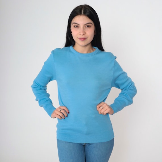 Cornflower Blue Sweater 70s Pullover Knit Sweater Top Basic Plain Crewneck Jumper Simple Minimalist Acrylic Vintage 1970s Barclay Medium M