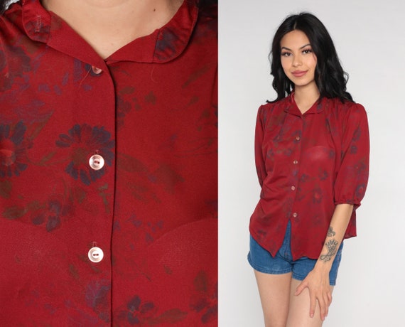 Sheer Floral Blouse Red Button Up Shirt 70s Puff Sleeve Boho Top Collared Vintage 1970s Short 1/2 Sleeve Bohemian Botanical Medium Large