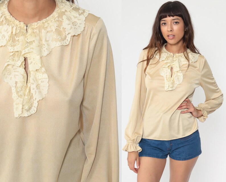 Tuxedo Lace Blouse Boho Hippie Blouse 70s Cream Shirt 1970s Blouse Beige Bohemian Top Retro Vintage Long Sleeve Tunic Hippy Small Medium