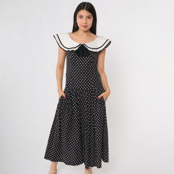Sailor Collar Dress 80s Polka Dot Black White Peter Pan Collar Bow Detail Pockets Rockabilly Pin Up Lolita Kawaii Lanz Originals Small S 6