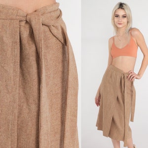70s Wrap Skirt Tan Wool Midi Skirt High Waisted Plain Basic Summer Adjustable Simple Straight Cut Preppy Chic Vintage 1970s Medium Large image 1