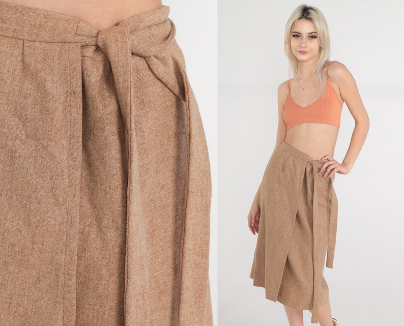 70s Wrap Skirt Tan Wool Midi Skirt High Waisted Plain Basic Summer Adjustable Simple Straight Cut Preppy Chic Vintage 1970s Medium Large image 1