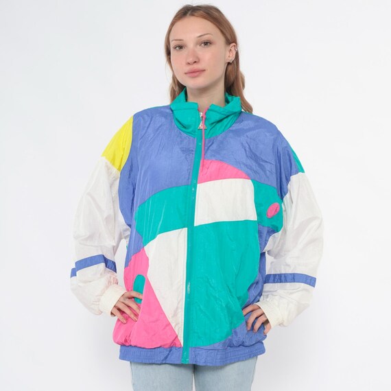 90s Colorblock Windbreaker Jacket Teal Purple Pink White Yellow Geometric Athletic Track Shell Funnel Neck Sporty Vintage Streetwear Large L