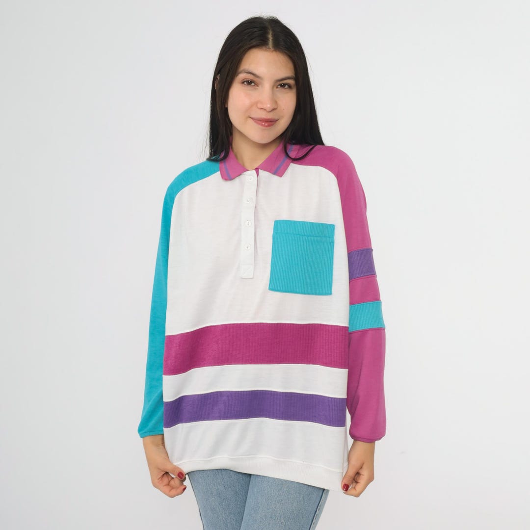 Colorblock Polo 80s Pink Turquoise Purple White Vintage Rugby