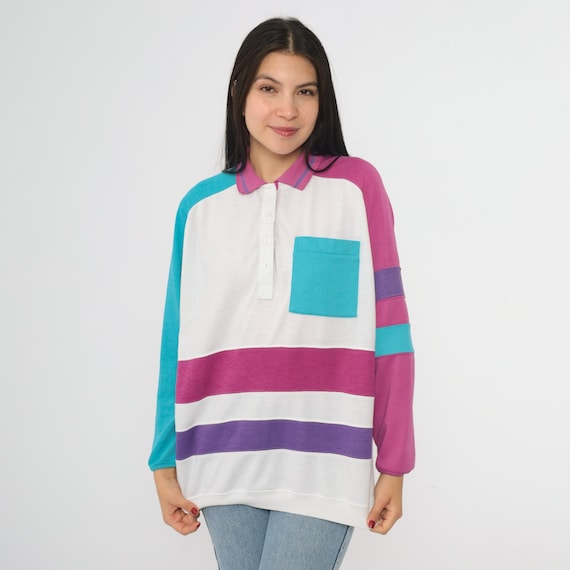 Colorblock Polo 80s Pink Turquoise Purple White Vintage Rugby Shirt Geometric Pattern Streetwear Casual Top Large