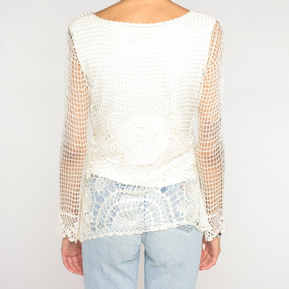 White Crochet Shirt Y2K Boho Blouse Long Sheer Sl… - image 8