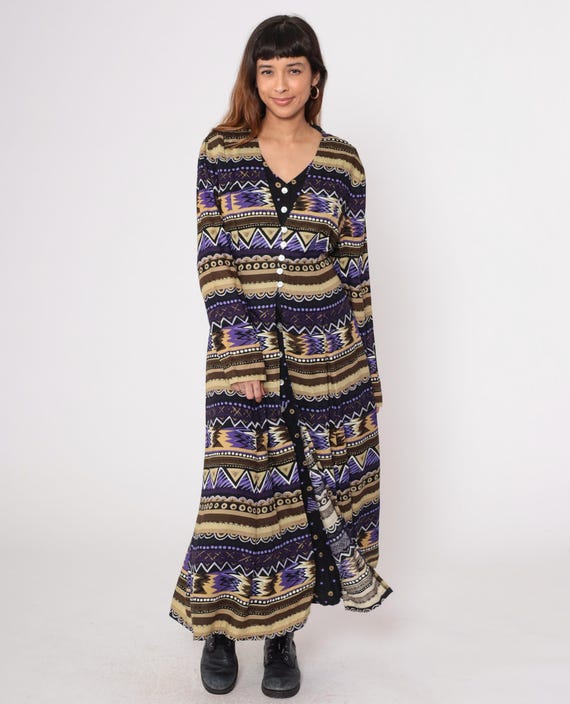 Geometric Dress 90s Purple Brown Tribal Print Maxi Long Sleeve Button Up  Vintage Bohemian Festival  Southwestern Ethnic Extra Large XL 16