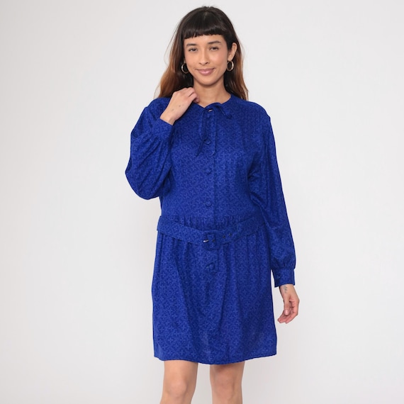 Indigo Secretary Dress Blue Tie Neck 90s Belted Waist Mini Collar Pattern Day Style Vintage Shift Casual Work Office Cobalt Medium M