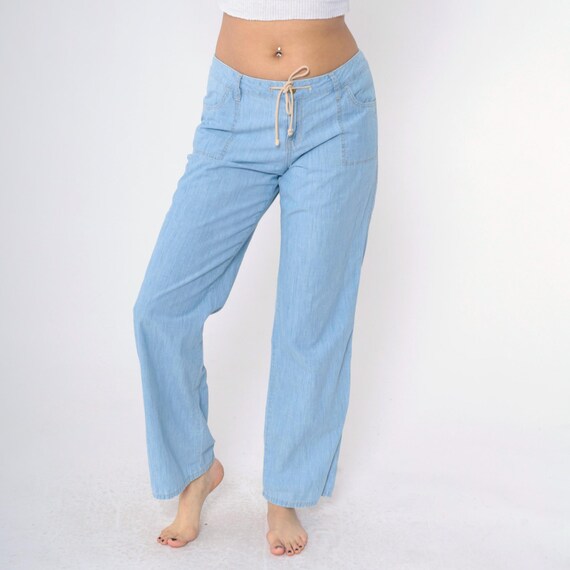 Tommy Bahama Wide Leg Jeans Drawstring Waist Low Rise Light Wash Blue Denim Pants Straight Leg Size 8 Medium