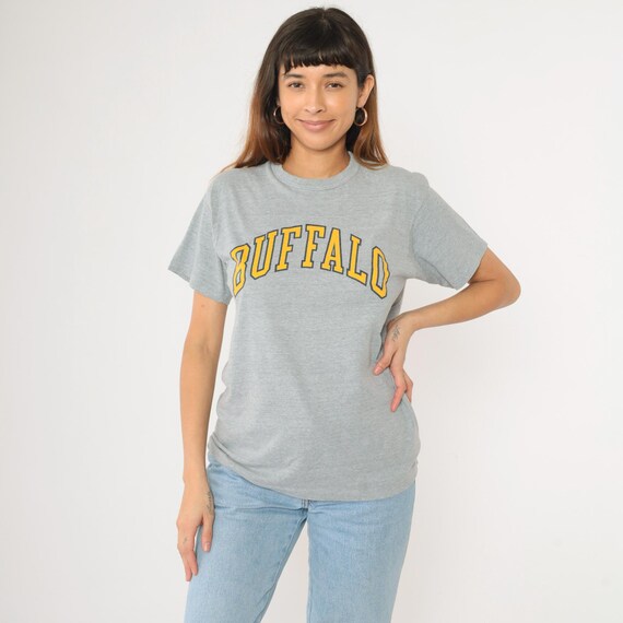 90s Buffalo Shirt Heather Grey New York Shirt Retro TShirt Vintage 1990s Hanes Travel Graphic Tee Travel Destination Spellout Medium Large