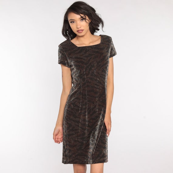 Metallic Tiger Dress Party Dress 90s Mini Club Dress Stripe Animal Print Dress Short Sleeve Shift Sheath Vintage Minidress Sparkly Medium
