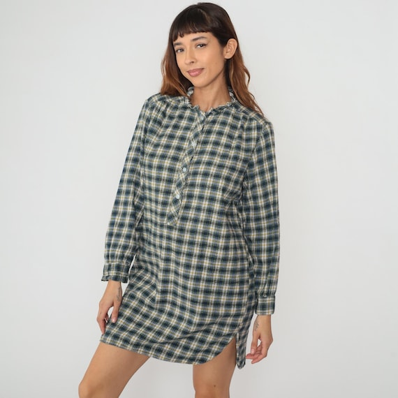 90s Flannel Dress Plaid Checkered Long Sleeve Mini Cotton Green Blue Yellow Cream Soft Grunge Shirt Vintage Casual Alternative Medium M