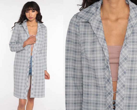 70s Plaid Jacket Open Front Checkered Jacket Hippie Boho Button Up 1970s Grey Polyester Vintage Retro Bohemian Preppy Medium