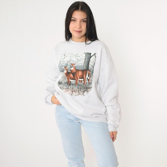 Vintage 90s Deer Sweatshirt Grey Buck Animal Sweatshirt Nature Shirt Pullover Wildlife Shirt 1990s Slouchy Size Large xl Unisex