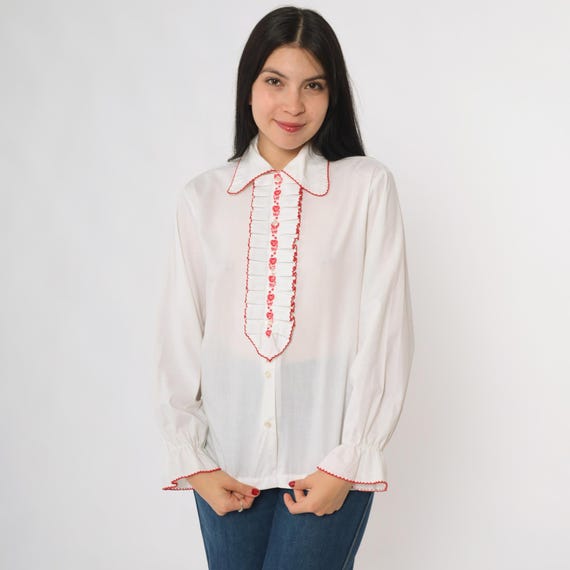 Lion Embroidered Blouse 70s Peasant White Folk Red Trim Long Sleeve Peter Pan Collar Prairie Style Romantic Bohemian Small Medium SM