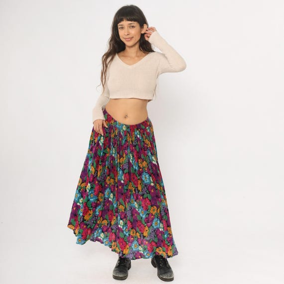 Floral Maxi Skirt 90s Tiered Gathered Multi Color Vintage Prairie Cottagecore Bohemian Hippie Peasant Grunge Full Circle Flowing Large L