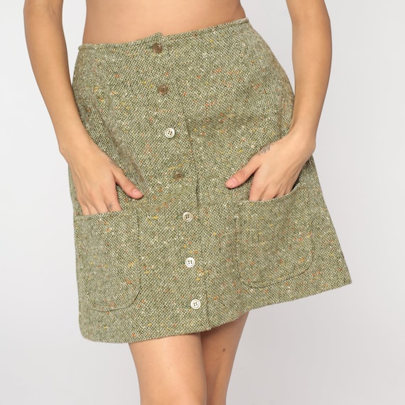 Mod Mini Skirt 70s Green Tweed Skirt Retro A Line Skirt Button Up Preppy School Girl Boho Chic Simple Vintage 1970s Small Medium