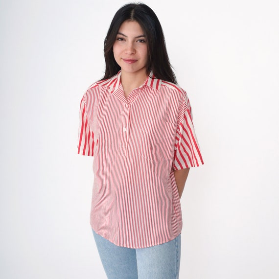 90s Striped Blouse Red White Button up Shirt Short Sleeve Collared Top Retro Polo Preppy Chest Pocket Pattern Vintage 1990s Oversize Small S