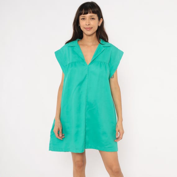 70s Teal Shift Dress Cap Sleeve Pullover Gathered Mini Cotton Aqua Turquoise Summer Sleeveless Shirt Frock Vintage Large To Extra Large XL