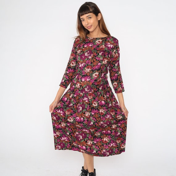 90s Floral Dress Drop Waist Fuchsia Burnt Orange Multicolored Midi 1990s Rayon Flower Patterned Long Sleeve Vintage Summer Small S